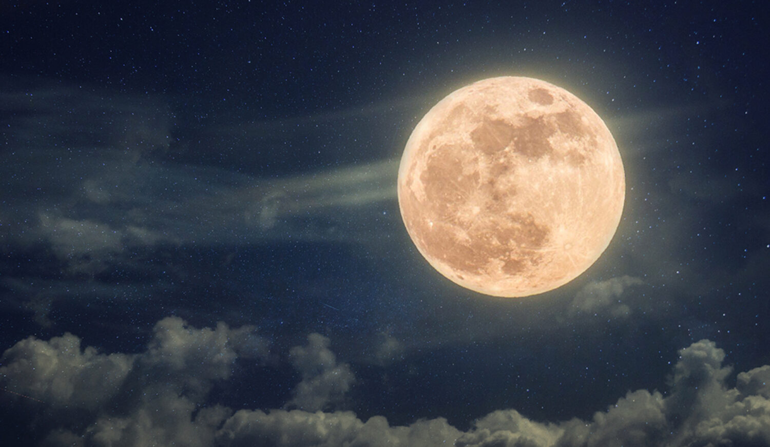 Amazing full moon on blue night sky with stars and clouds. Halloween wallpaper